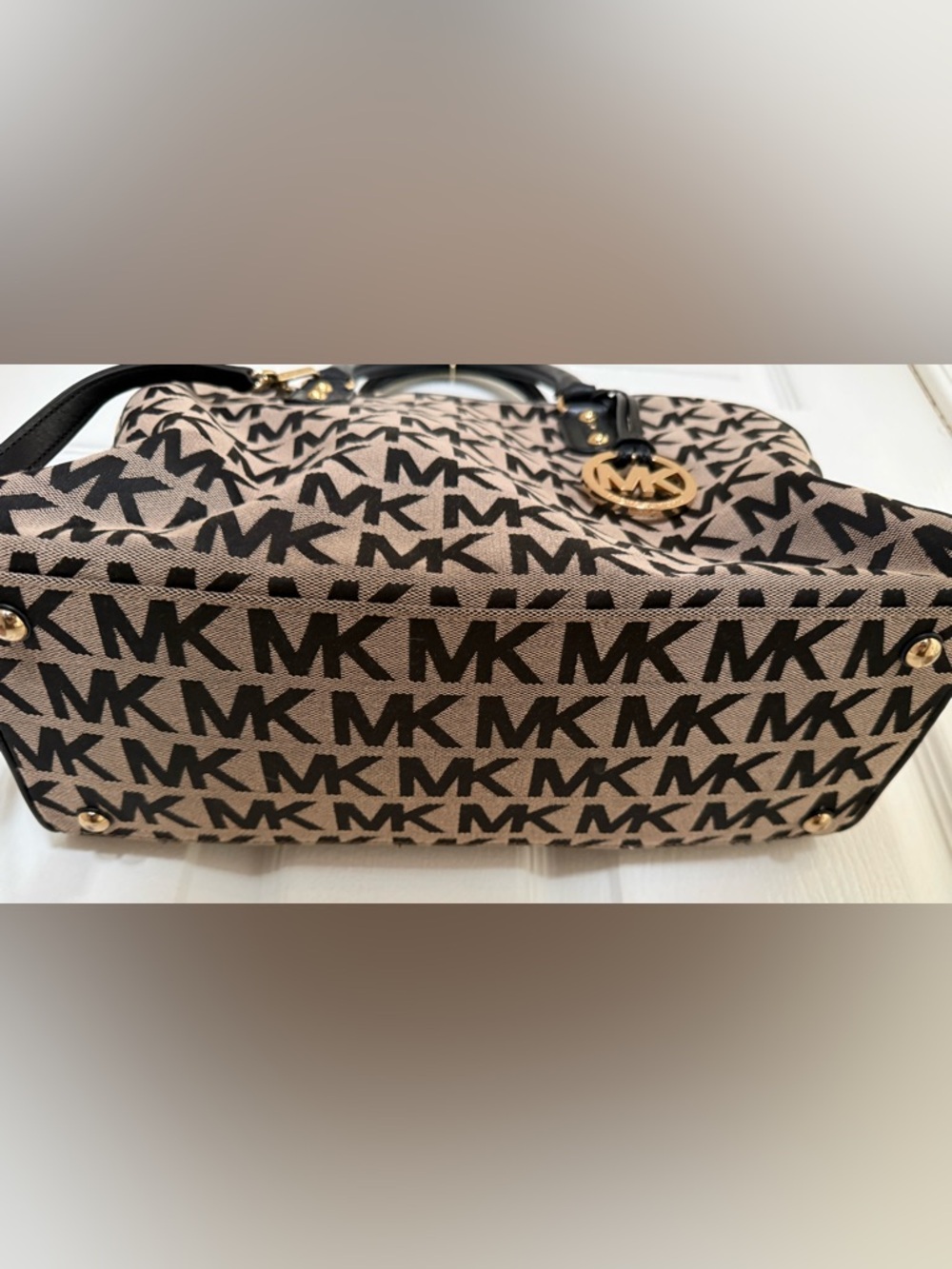 Michael Kors Brown and Black MK Logo Satchel with Gold Accent - Picture 4 of 9